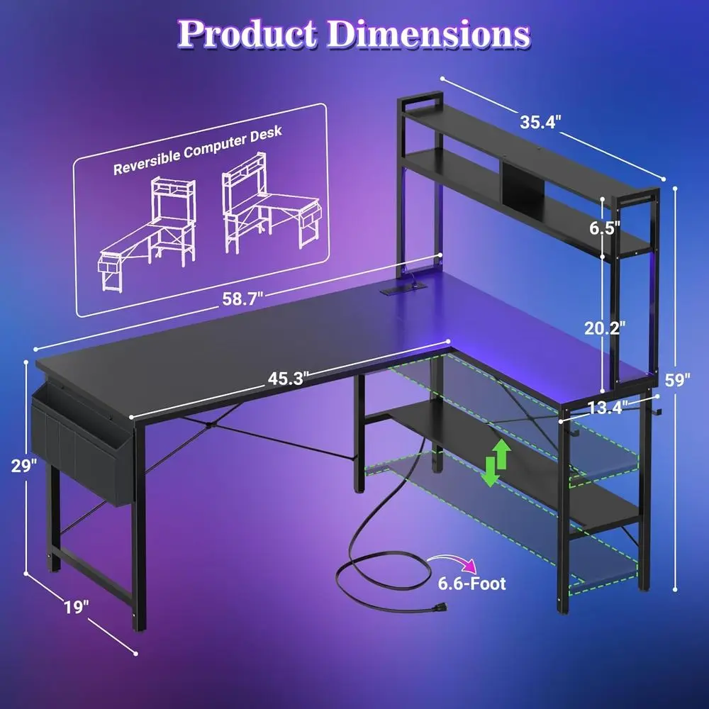 L Shaped Desk Gaming Desk, 59 Computer Desk with LED Light & Power Outlet, Reversible Home Office Desk Gamer Desks with Shelves