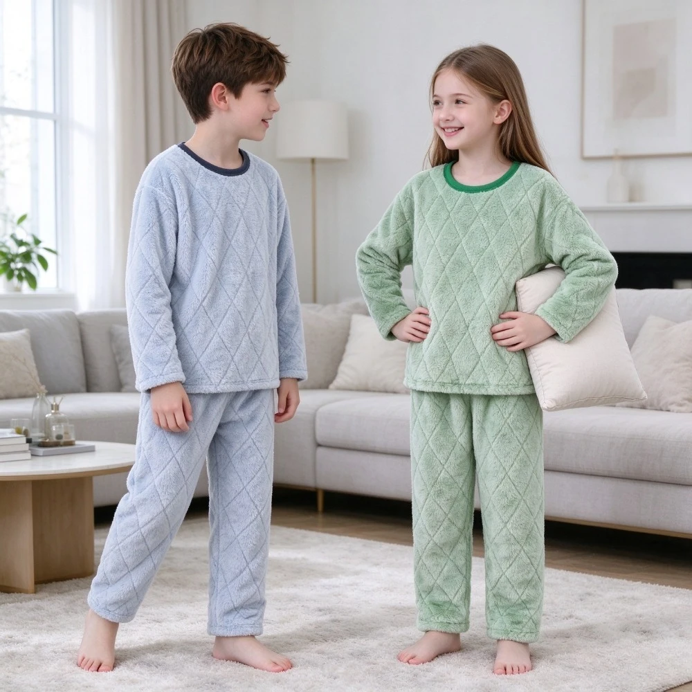 Kids Pajama Set Fleece Lined Diamond Quilted Sleepwear Long Sleeve Top Pants Soft Warm Loungewear for Boys Girls Home 4-20 Years