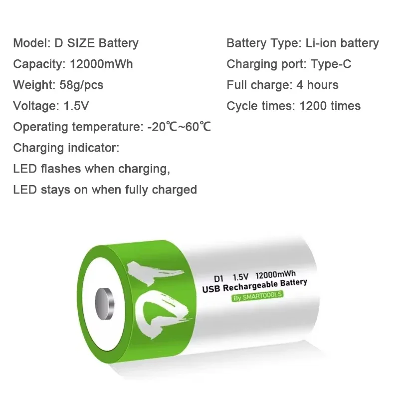 Batería de litio recargable LR20 de 1,5 V tamaño D 12000 mWh con cable de carga tipo C, para linterna, estufas de gas y calentadores de agua