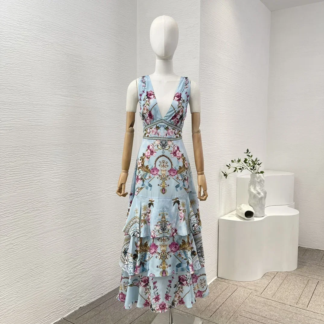 2024 Summer Blue Sleeveless Vintage Floral Print Silk Bow Tie Top Quality Cake Stacking Pleats Holiday Midi Dress for Women