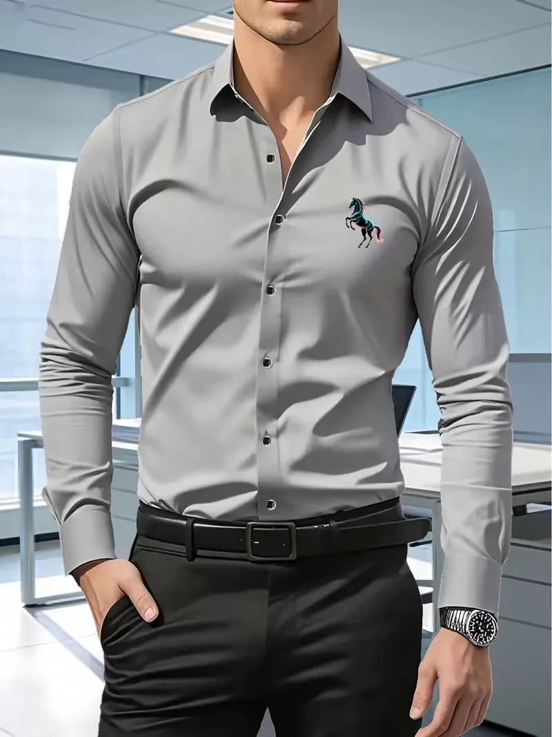 Men's Premium Business Casual Shirt Black Horse Print Slim Fit Long Sleeve Wrinkle Resistant Dress Shirt Multi Styles Available