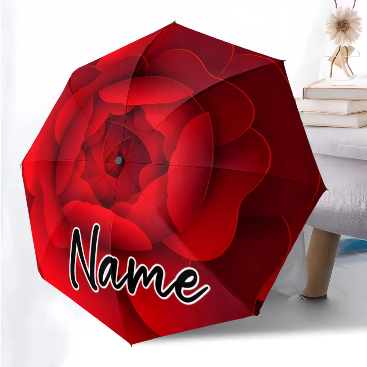 Custom Name Red Rose Umbrella with Personalized Design Print 8 Iron Ribs Folding Umbrella, Auto-Open Fashion Sunshade