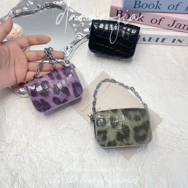 Mini PU Leather Messenger Bag Charm – Trendy Embossed PU Coin Purse/Earbuds Case, Adjustable Metal Chain For Handbag Decor