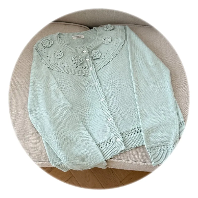 Cardigans de malha kawaii feminino outono manga longa bonito mão crochê flores decoração solta doce suéteres