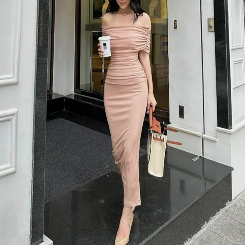 Spring/Summer European and American One line Shoulder Pleated Dress Slim Fit and Slim Slim Split Bottom Dress Long Dress