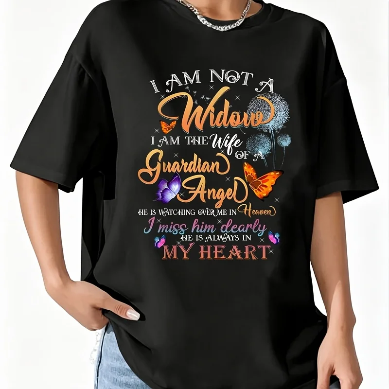 My Husband's Wings Were Ready but My Heart Was Not Memories Women's 100% Cotton T-Shirt Fun Print Short Sleeve Top Casual Round Neck Tee S-5Xl