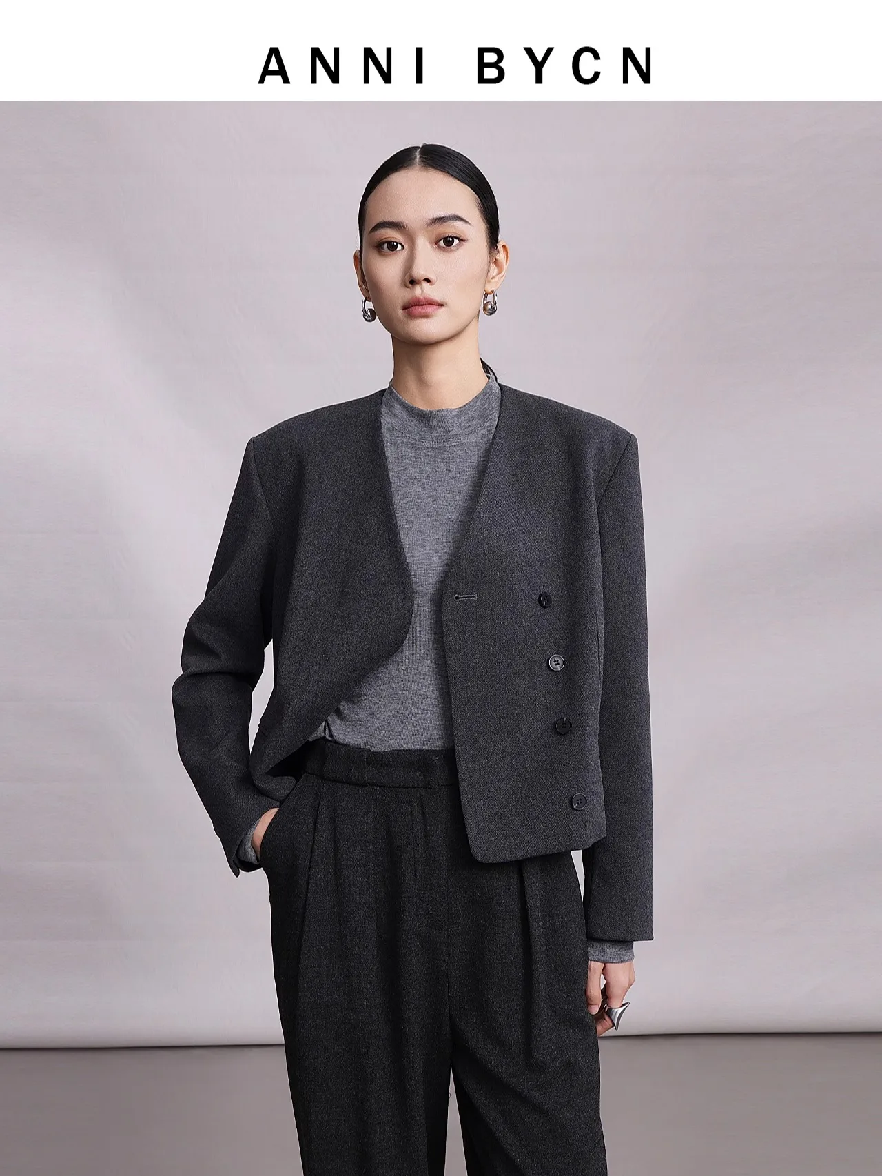 Annibycn Woolen Short Suit Jacket Women's Casual V-Neck Grey Spring Autumn New Style Commute Scenarios Fashionable Leisure