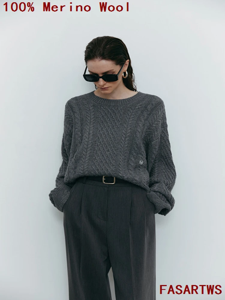 

Свитер из 100% мериносовой шерсти, женский свободный свитер больших размеров, осень-зима, толстый теплый вязаный пуловер, жаккардовый модный трендовый топ