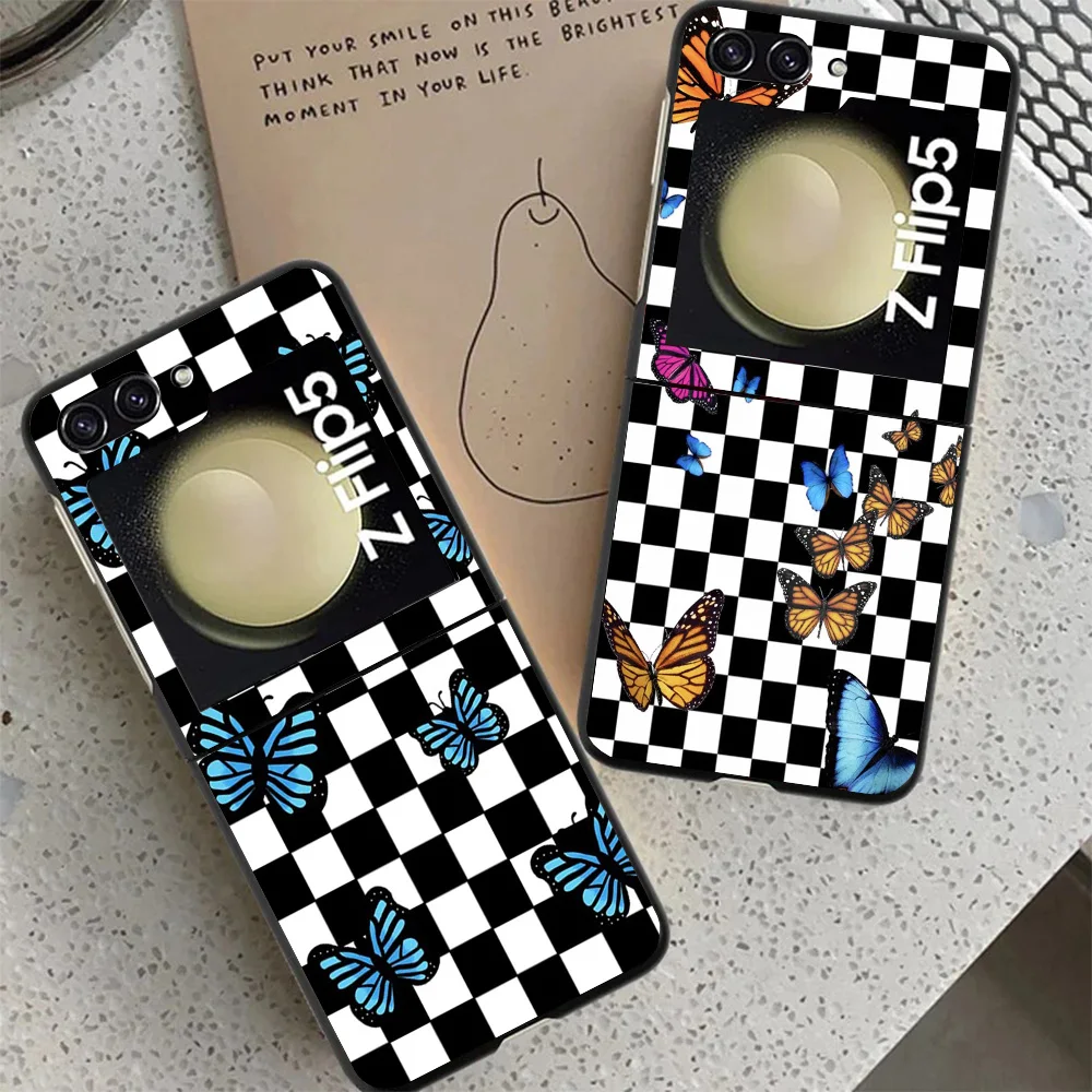 Checkered Sunflowers Butterfly Case For Samsung Galaxy Z Flip 4 5 3 z Flip5 Flip4 5G Hard Phone Cover Flip3 Split Folding Black