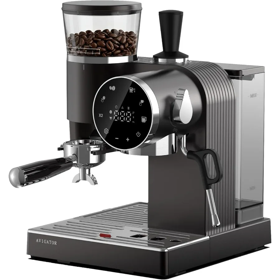 

20 Bar Espresso Machine with LED Screen Touch Control 6-Level Adjustable Grinder Drip Coffee and Cold Brew Milk Frother Assiste