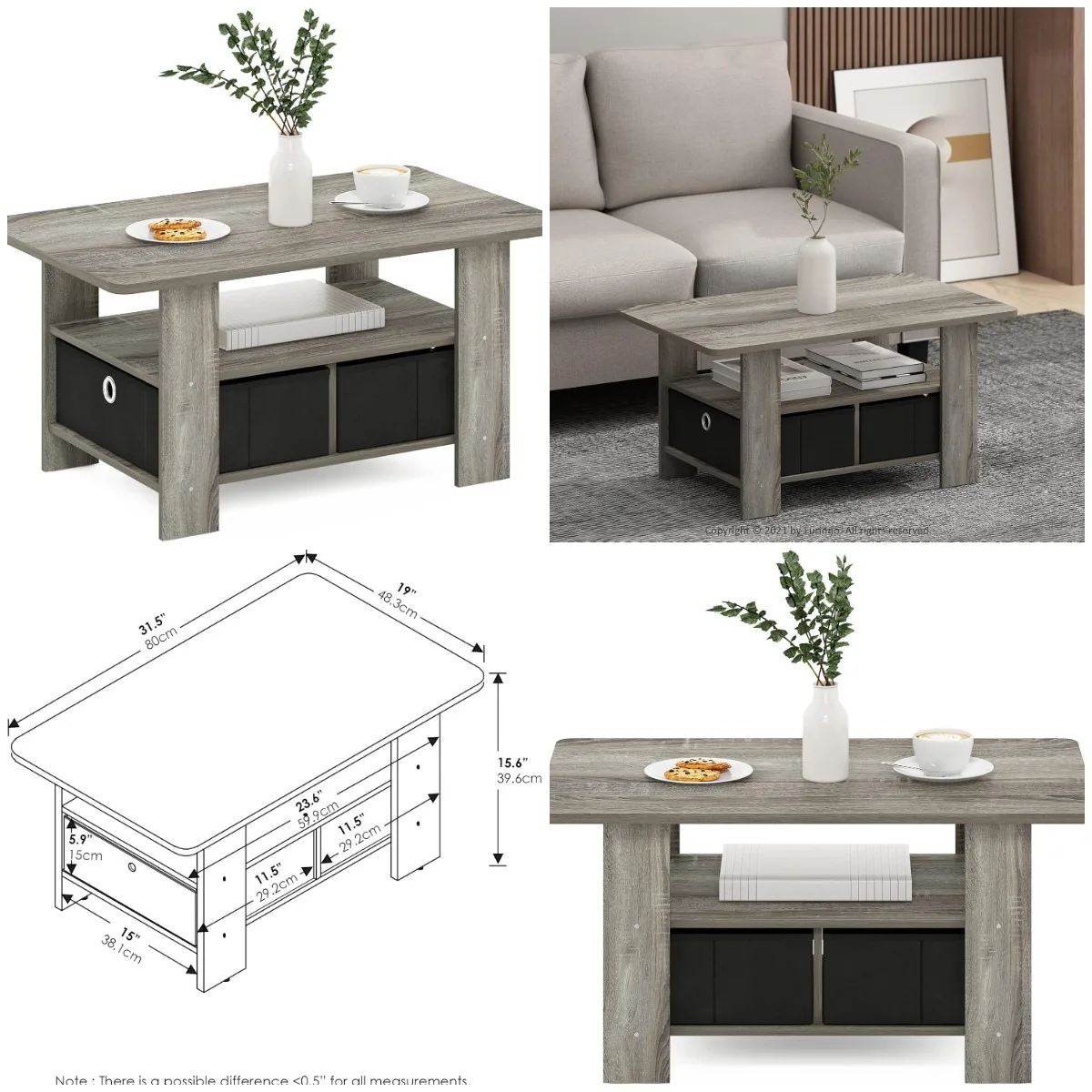 

Andrey Coffee Table with Bin Drawer, French Oak Grey/Black