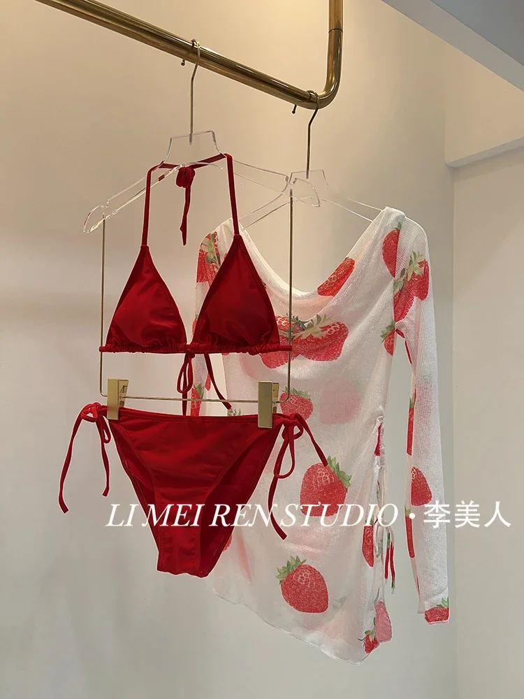 New Strawberry print top, red bikini swimsuit, three piece  set