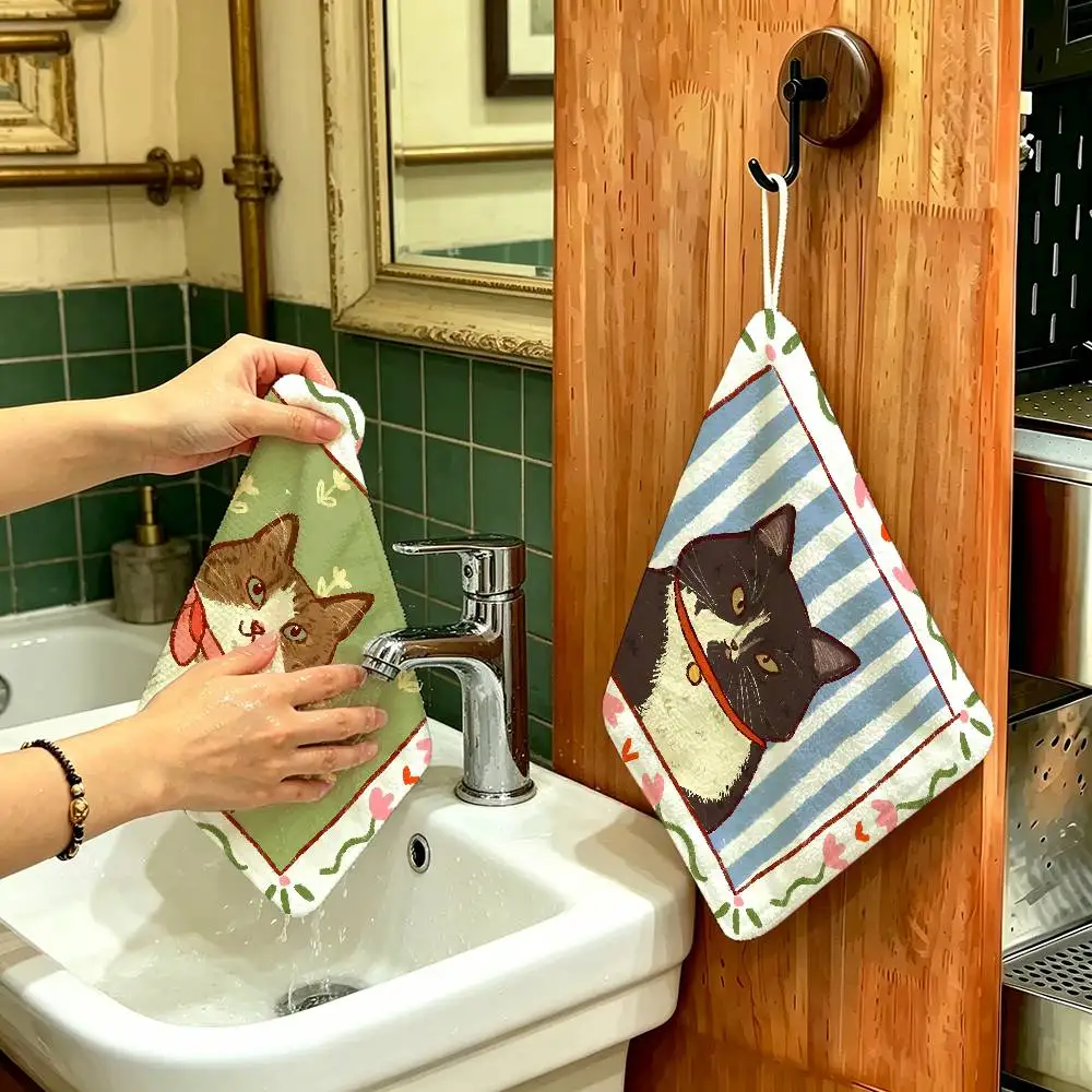 Cute caroon cat portrait photo frame art Household Hanging Towel, Polyester Cotton Hand Wiping Towel Sturdy for Bathroom Bedroom