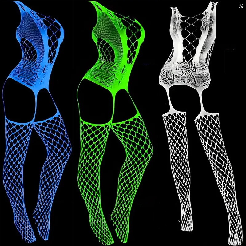 Luminous Mesh Sexy Lingerie See through Bodysuit Erotic Underwear for Women Mesh Dress Glowing the Drak