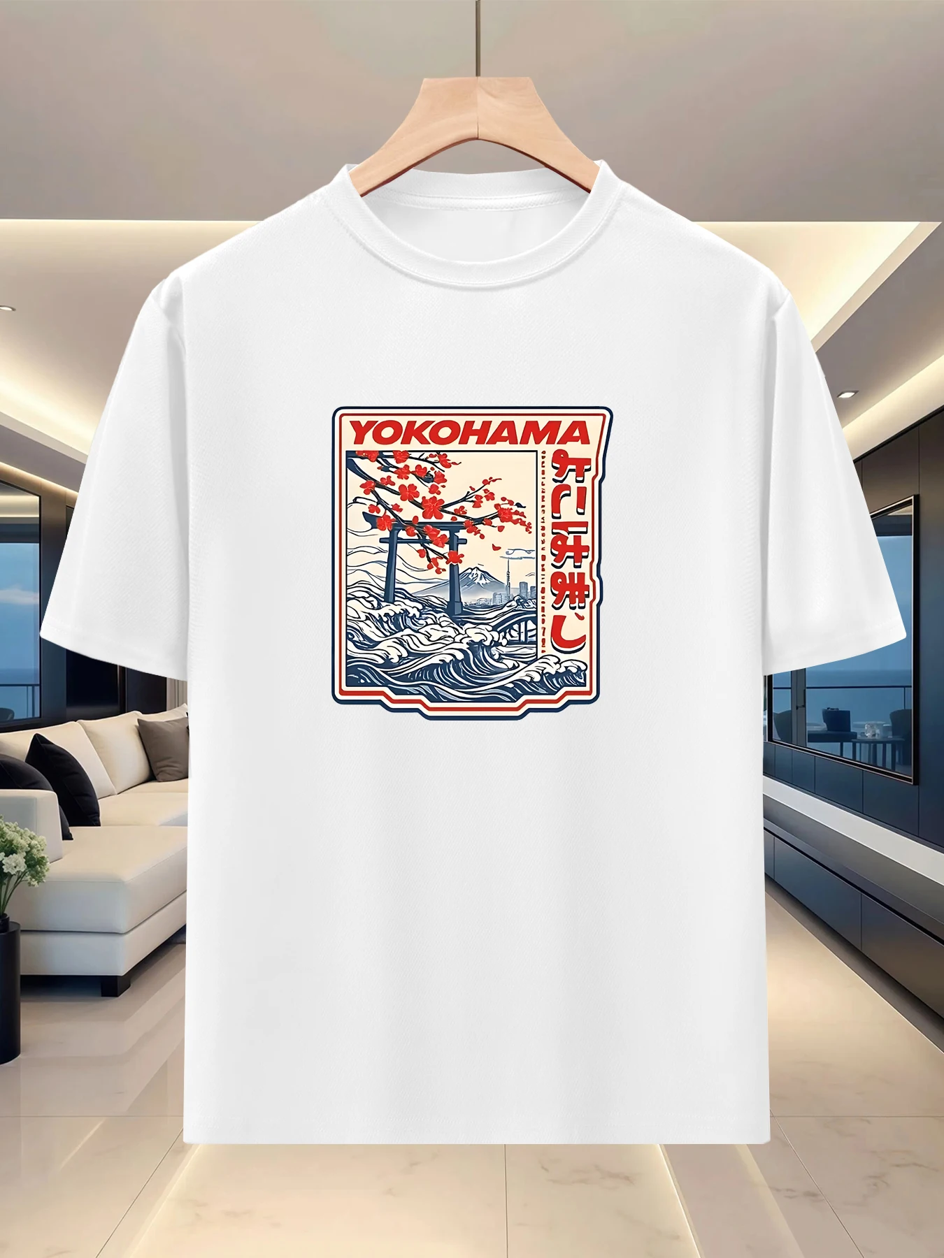 Low key tone men's loose shoulder T-shirt with spring and summer travel trend pattern versatile round neck half sleeve