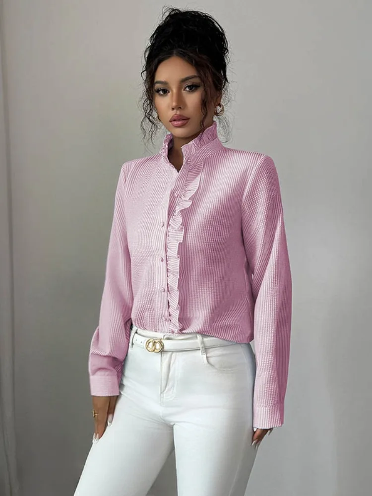 Uoozee femmes rayé col montant à volants Blouses à manches longues coupe ample bureau décontracté usage quotidien mode chemise hauts 2026 nouveau