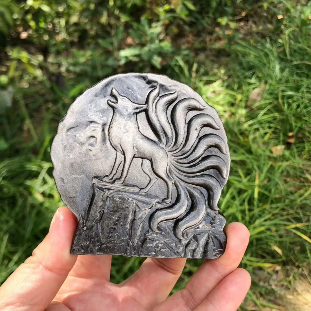 Silver Obsidian Nine Tailed Fox Slab Figurine, Fox Moon Mountain Relief Statue, Crystal Stone Ornament Decoration Craft