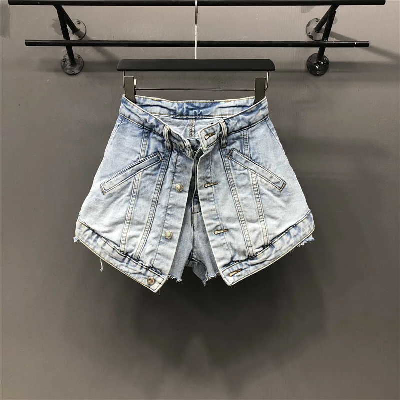 

Solid Hot Women Fake Two Pieces High Waist A-line Thin Denim Shorts Street Style Mall Goth 2023 Summer Autumn 7E754