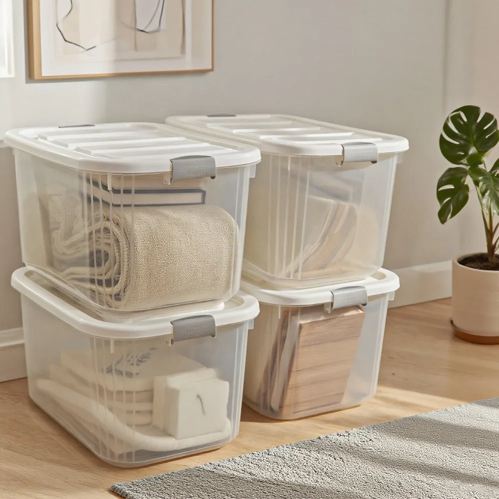 

Set Of 4 Stackable Lidded Storage Bins (46 QT) Perfect for Organizing Household Items. Transparent Bins Ideal for Homes, Offices