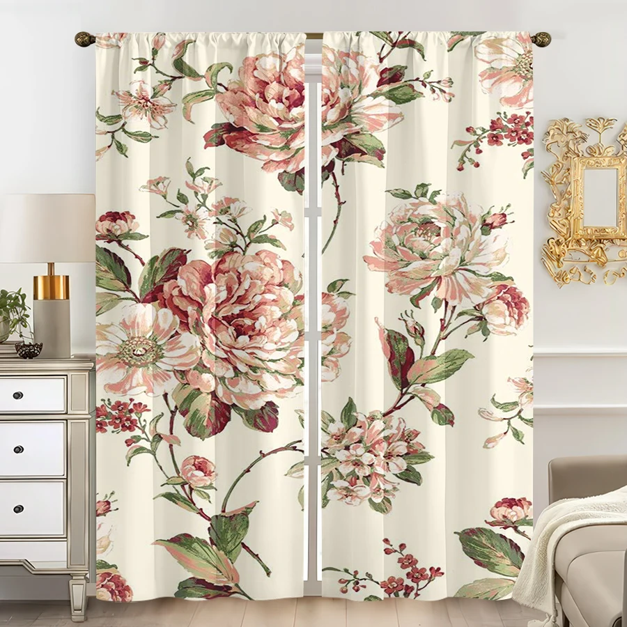 2 Stück mehrfarbige Vintage-Vorhänge mit rosa Pfingstrosen-Blumenmuster, Stangentaschen-Design für Schlafzimmer und Wohnzimmer