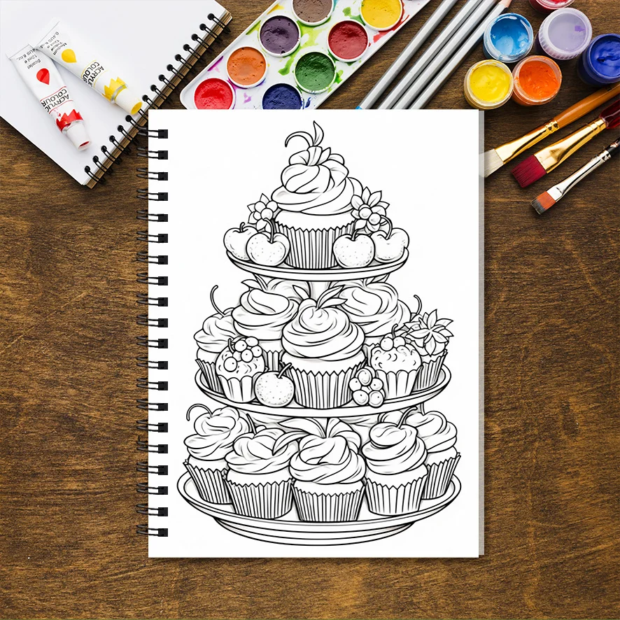 32 Pages Delicious Cupcake Coloring Book - 8.3x11.2 Inches Relaxation & Stress Relief Ideal Holiday Party Gift