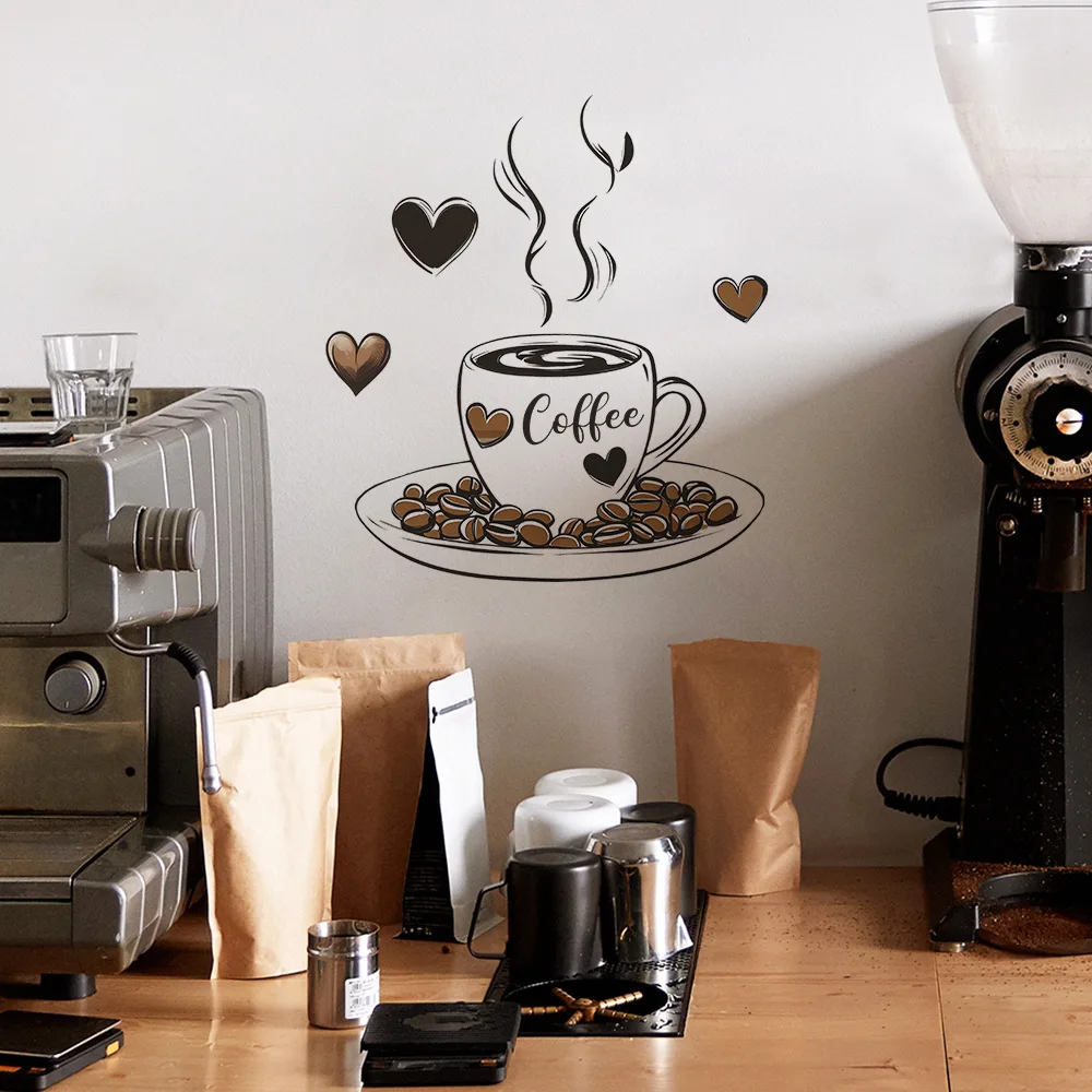 Coffee Cup with Hearts Vinyl Wall Decal - Kitchen Coffee Bar Decor, Removable Waterproof Coffee Bean Sticker for Coffee Station,
