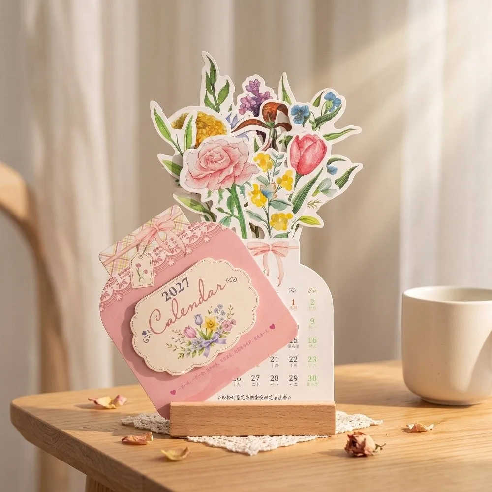 Flower Vase Shaped 2027 Floral Desktop Calendar Detachable Wooden Base Floral Pattern 2027 Desk Calendar Standing Table Calendar