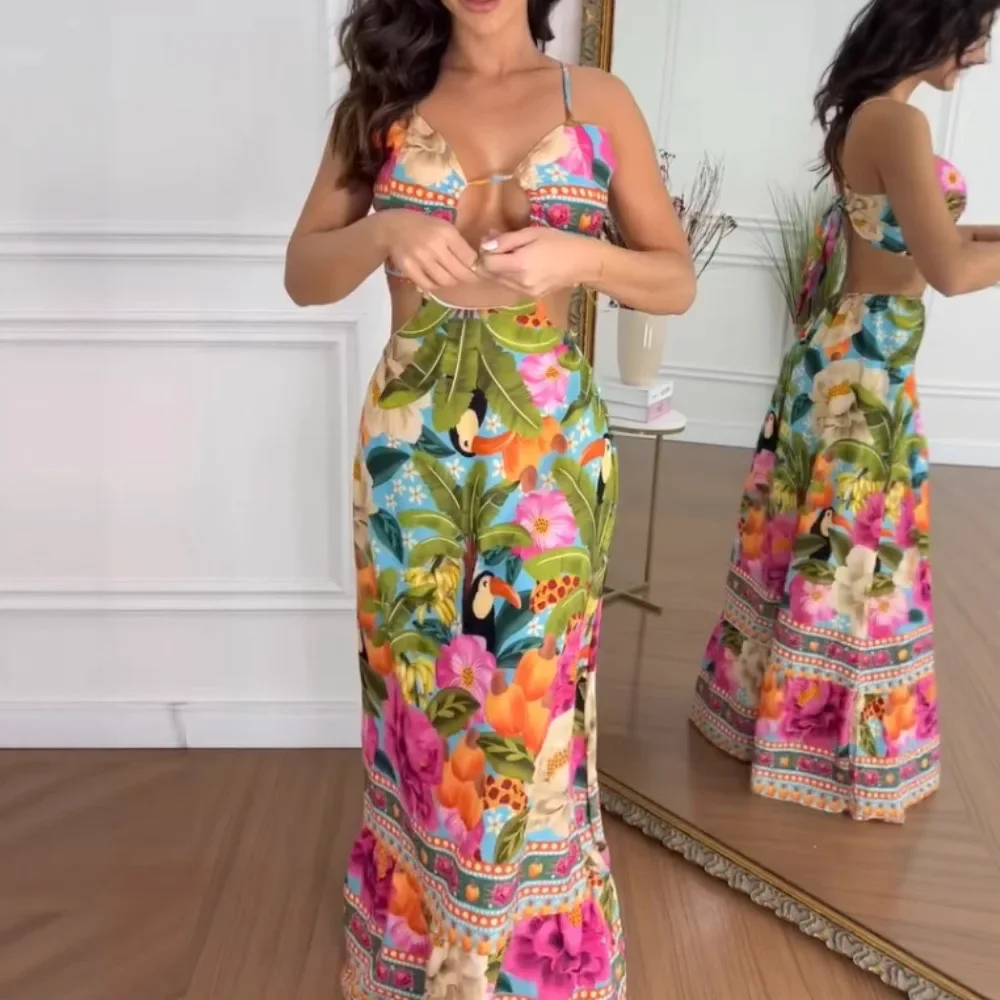 Blumendruck, V-Ausschnitt, Schnürung, ausgehöhltes Urlaubskleid, lässiges, rückenfreies Maxikleid in A-Linie mit gebundenem Detail