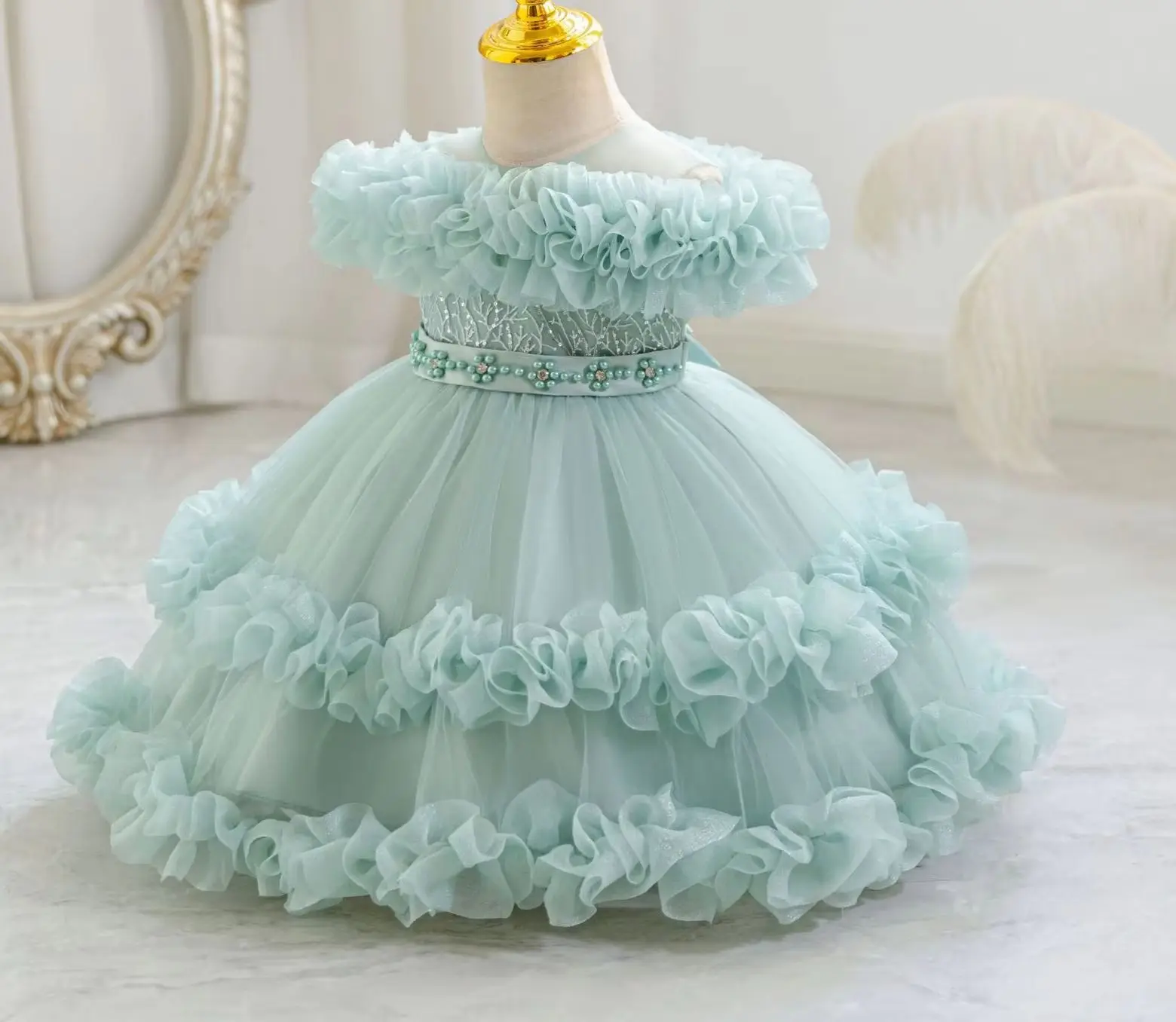 Baby Girl Party Dress Ruffles Sequins Girls' Princess Dresses Beading Puffy Girly Clothes Ball Gown