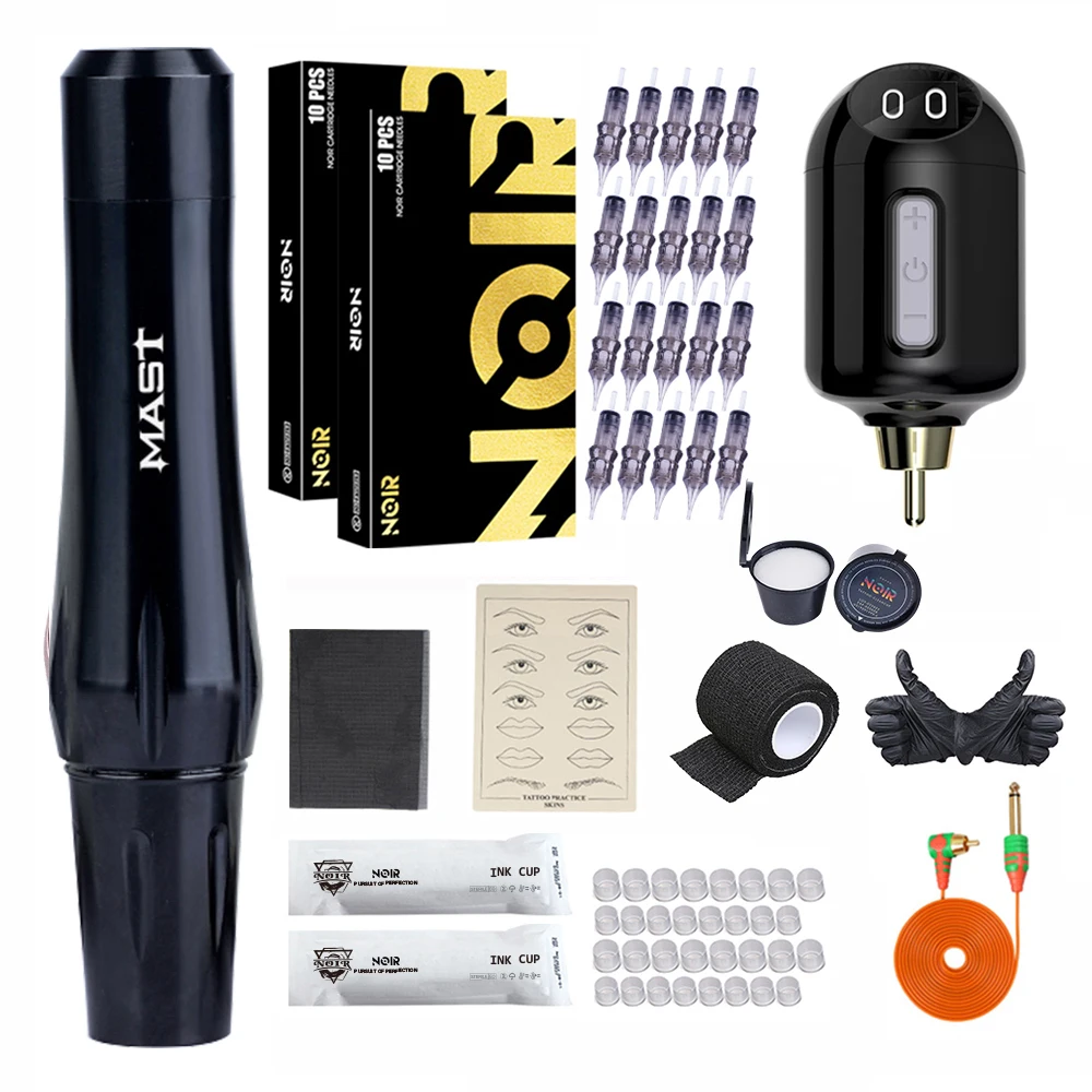 Mast P30 Noir Wireless Battery Power Tattoo Pen Kit RCA Plug Permanent Makeup Machine With 20Pcs WJX PMU 1RL Cartridge Needles