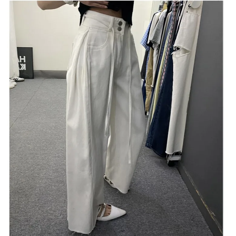 Fashionable Youthful Washed Loose Straight Leg Jeans Belted Pleated Lines Casual High Waist Wide Leg Blue Cotton Denim