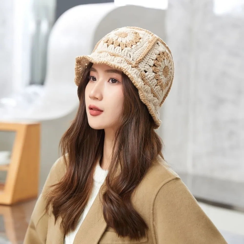 Fashion Fleece thread Knitted Fisherman Hat Hollow Korean Style Flower Sun Hat Bucket Hat Daily