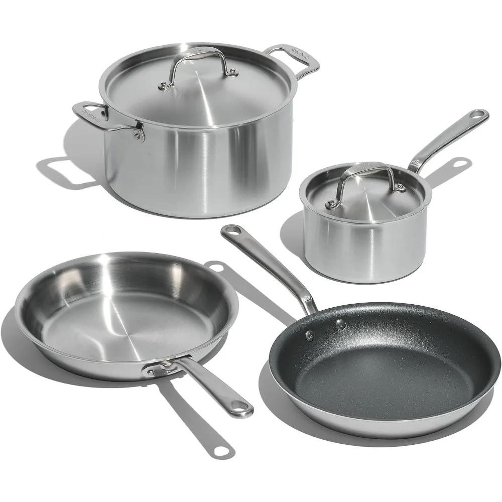 6 Pc Stainless Steel Cookware Set - 5 ply Clad - Includes Frying Pans, Saucepan, and Stock Pot - Professional Grade