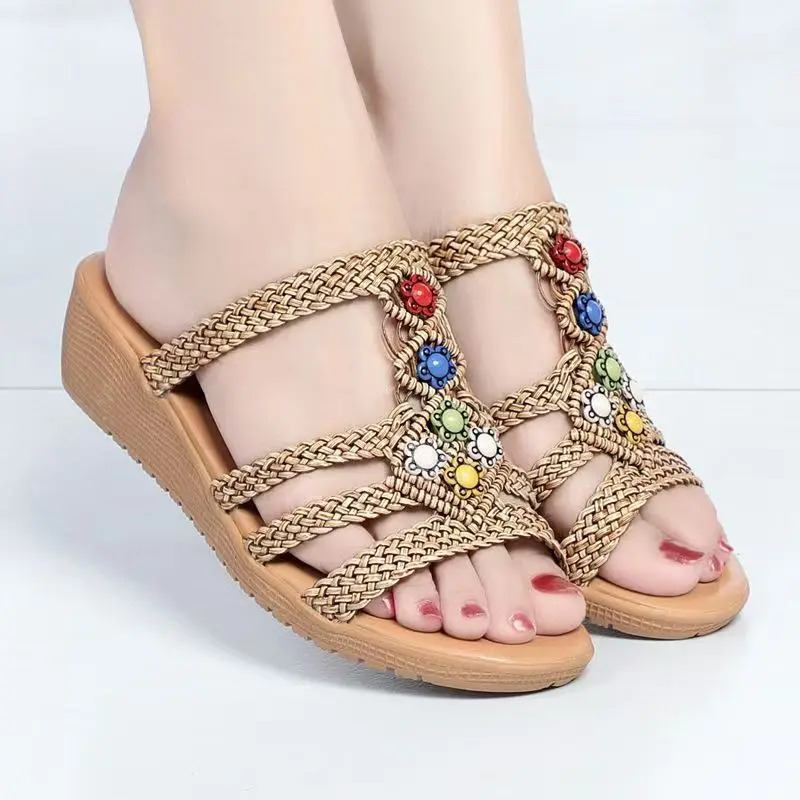 

Women Bohemian Style Woven Wedges Slippers Sandals Open Toe Soft Sole Non Slip Hollow Out Outdoor Beach Slippers Sandals