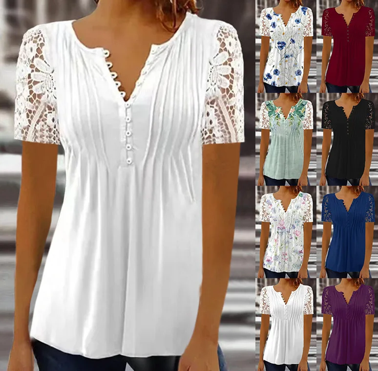 Woman's Tshirts Superior Quality spring/summer Short Sleeve V Neck Buttons Ladies Top t-shirt Dropshipping Sale BKL7712