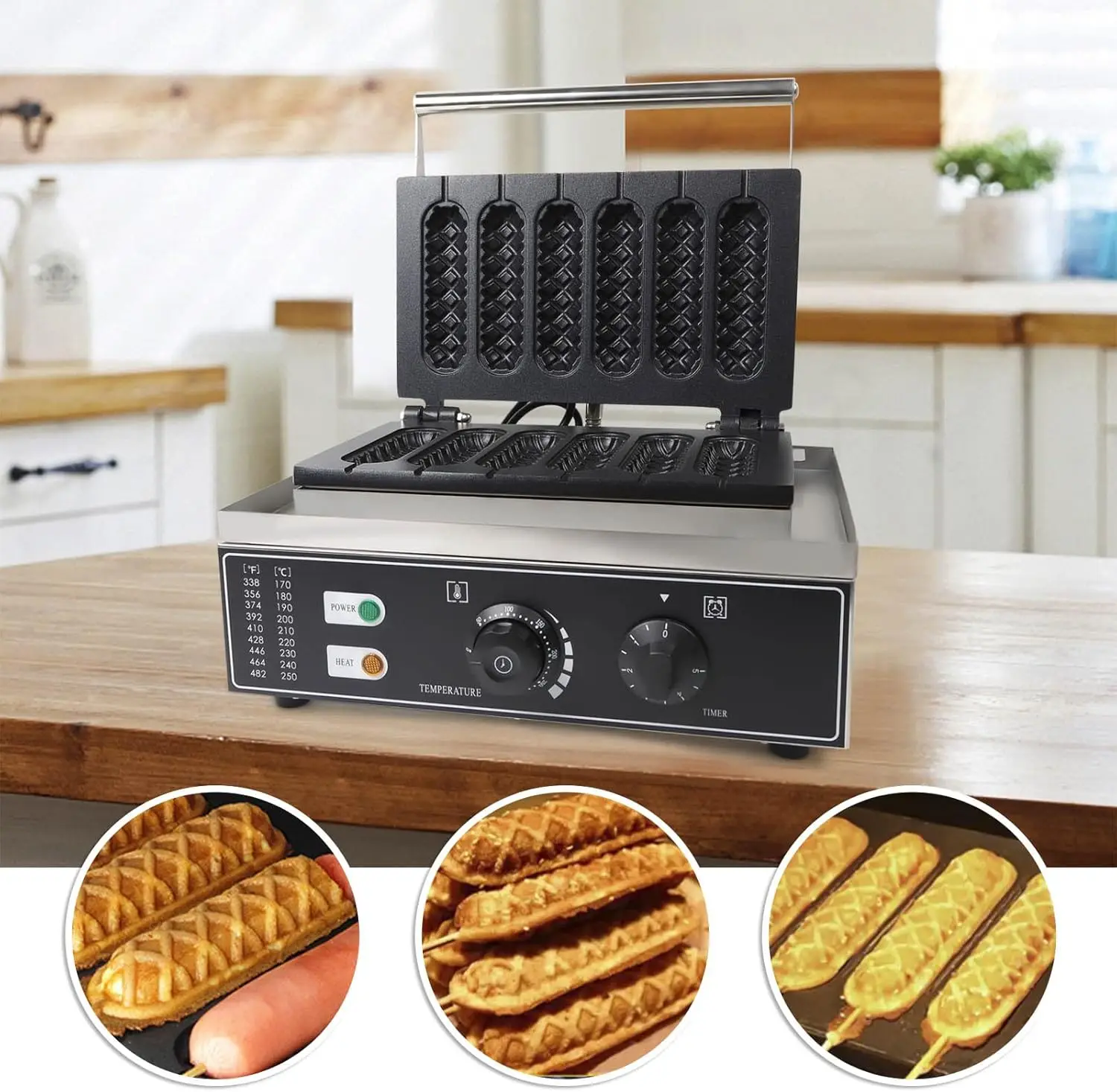 1500W Commercial 6pcs Waffle Maker Hot Dog Machine, Nonstick Sausage Hot Dog Bake Machine Hot Dog Cheese Stick Press