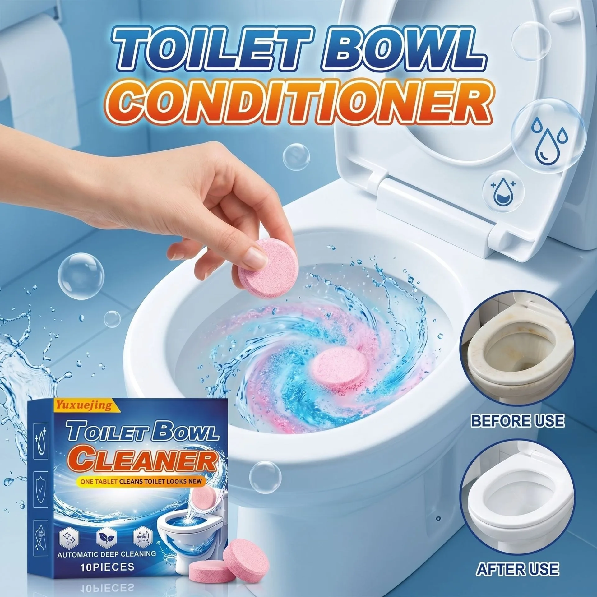 Instant Toilet Cleaning Effervescent Tablets for Cleaning, Deodorizing, and Decomposing Urine and Water Stains