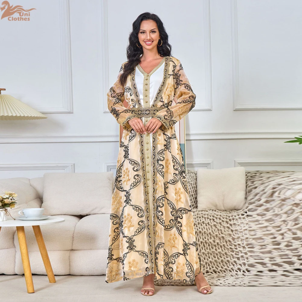 

Мусульманское платье Абая с вышивкой в Дубае, женское повседневное платье для женщин, вечерние вечерние халаты с v-образным вырезом и длинными рукавами, одежда для мусульманских женщин