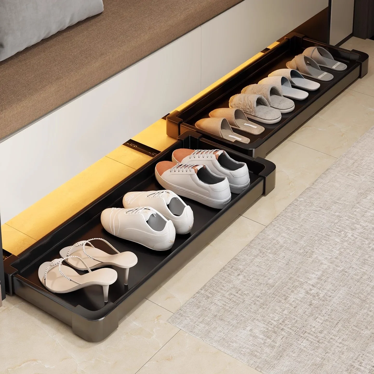 Shoe cabinet kick and pull rebound shoe rack board bottom of the household cabinet multi-functional household storage