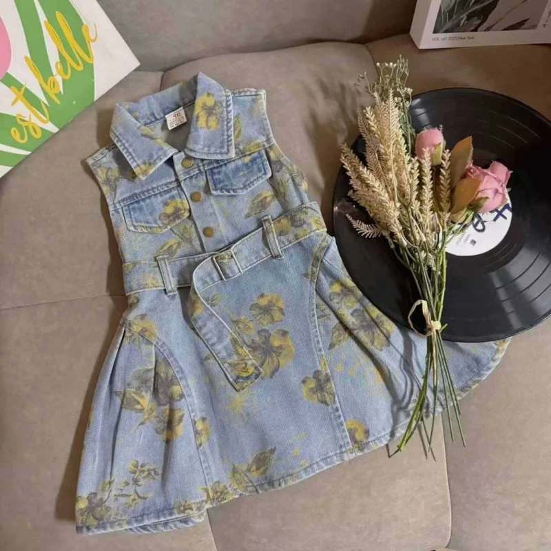 

Girls' Sleeveless Denim Overall Dress2025Summer New Children's Turn-down Collar Waist-cinching Vest Dress