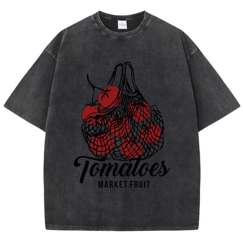 Tomatoes Market Fruit Prints Washed T Shirts Women Cotton Tops Distressed O-Neck Comfortable Streetwear Summer Woman Clothes