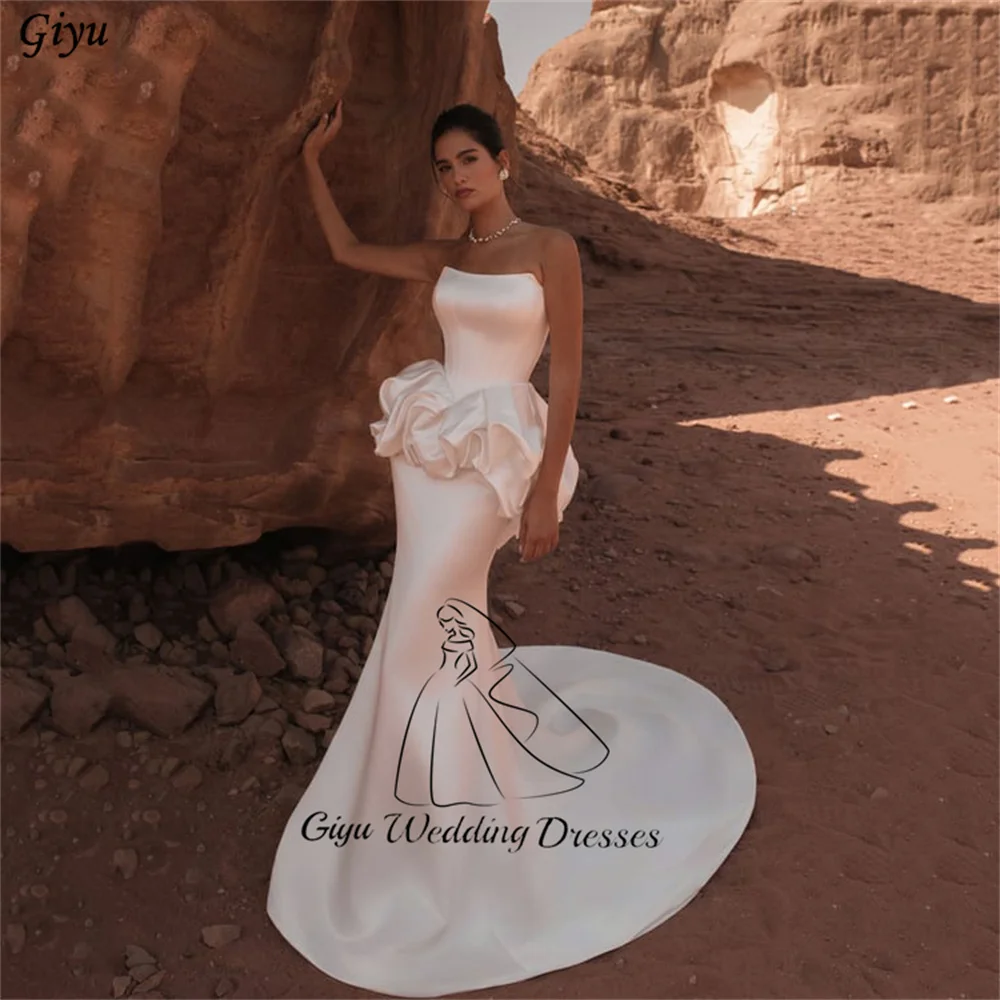Giyu Strapless Satin Mermaid Wedding Dresses 3D Big Flower Ruffle Waist Simple Bridal Gown Elopement Bride Dress Customized