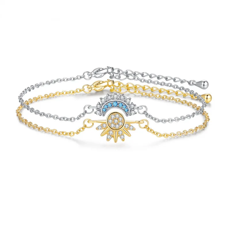 Sun Moon Shining Double Color Bracelet Charm Blue White Zircon CZ Split Gold Silver Adjustable Layered Wrist Couple Gift