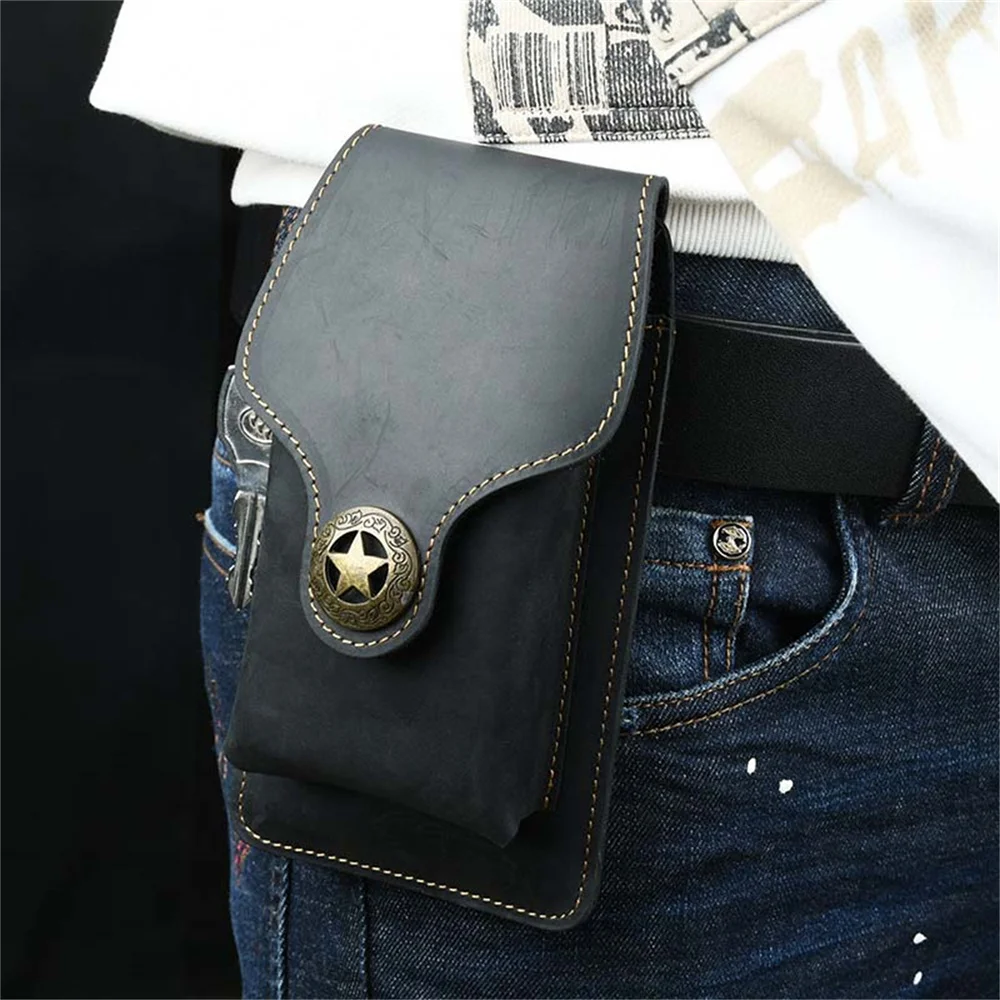 Aiguoniu personalizado oem odm couro de cavalo louco couro de vaca dos homens do vintage real genuíno couro de grão integral sacos de cintura saco de cinto de celular