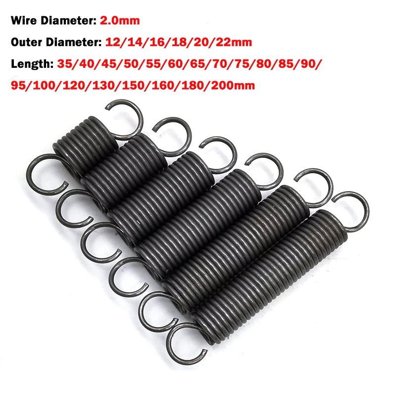 1pcs Open Hook Tension Spring Pullback Spring Wire Diameter 2.0mm Od:12/14/16/18/20/22mm Length:35-200mm Coil Extension Springs