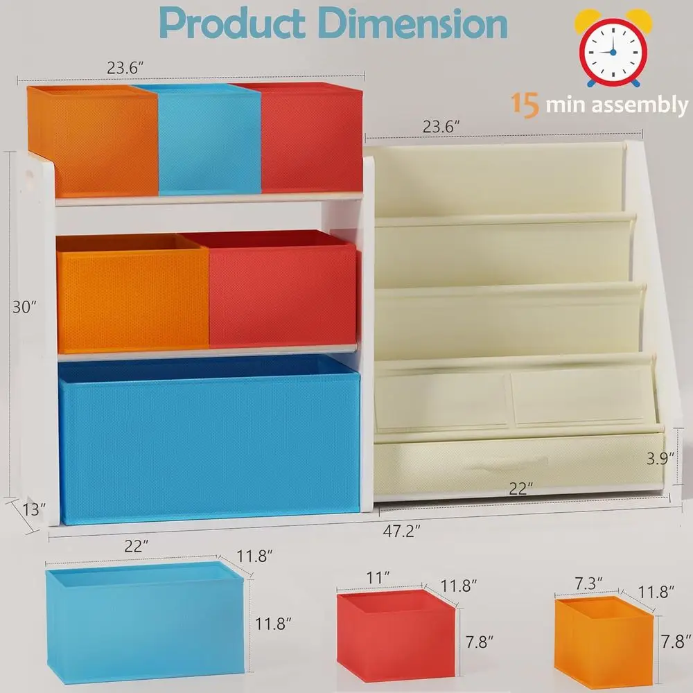 Sturdy 3-Tier Wooden Toy & Book Storage with 6 Expandable Bins for Kids