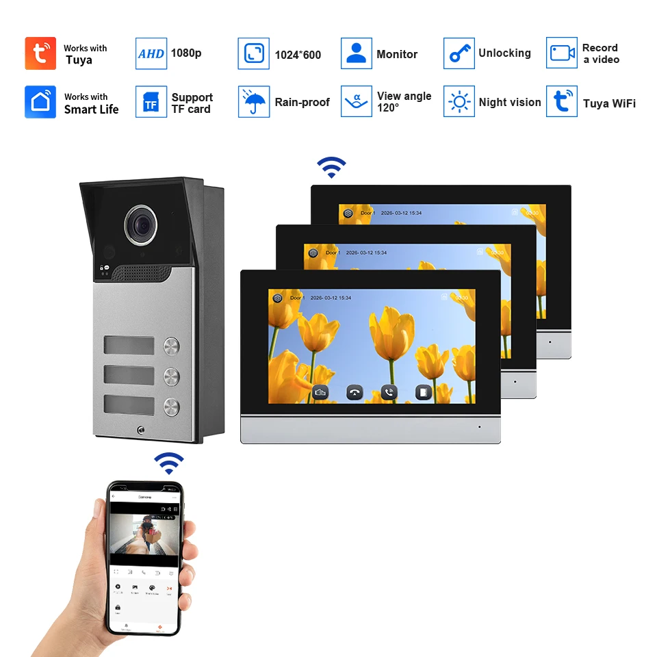 NewHot Offer Smart WIFI Video Door Phone 7 Inch Touch Screen Tuya App Support Night Vision Camera Waterproof for 3 Apartments
