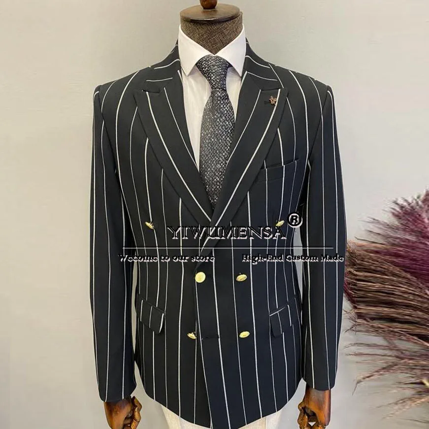 

Business Striped Suit Jackets Men Formal Party Doubel Breasted Prom Blazer Custom Made 1 Piece Groom Wedding Tuxedo Male Dress