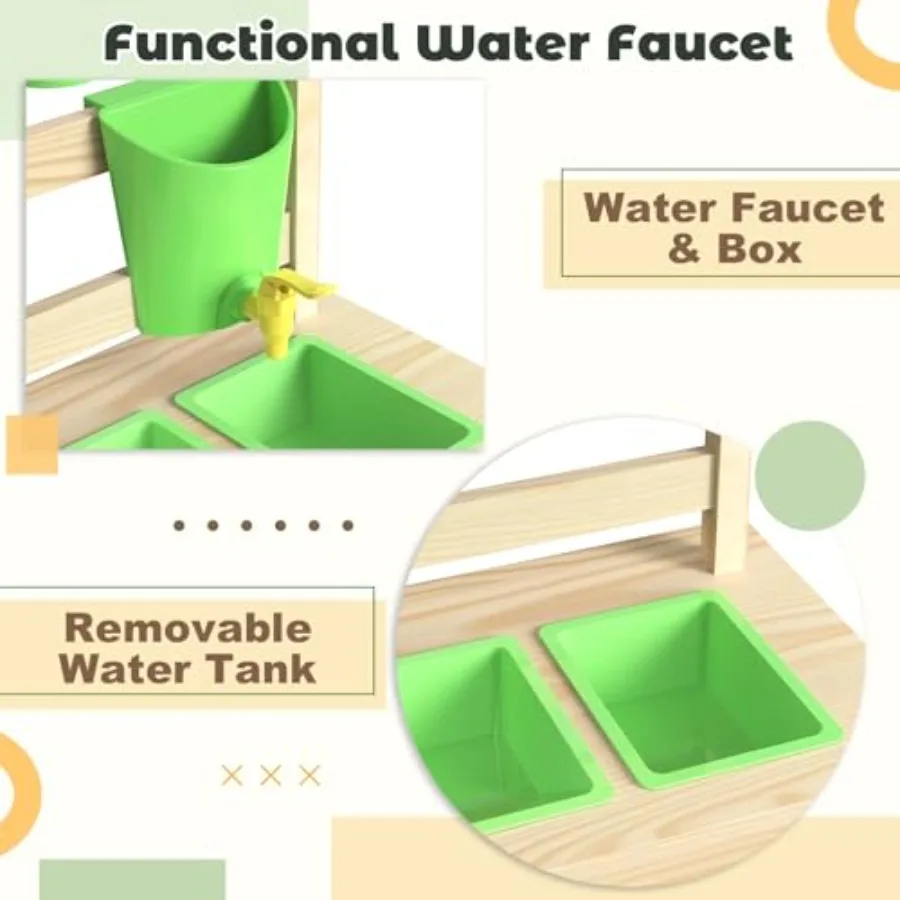 杉材製屋外遊び用キッチン（泥遊び用、水栓付き、両面黒板、収納棚、カップ、取り外し可能なシンク付き）