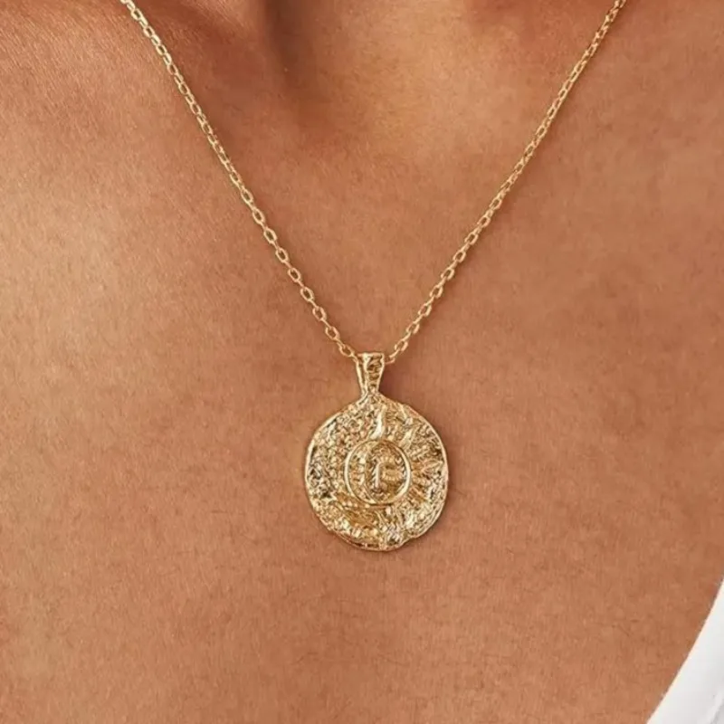 14K vergoldete böhmische Edelstahl-Halskette mit graviertem Münzanhänger für Frauen, byzantinische Münze, Sommer-Strand-Anhänger-Halskette